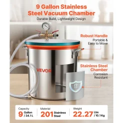 VEVOR 1.5 Gallon Vacuum Chamber, Stainless Steel, Vacuum Degassing Chamber with Tempered Glass Lid, Hose, Air Filter, for Resin Casting, Stabilizing Wood, Degassing Silicone, Epoxies, Essential Oils