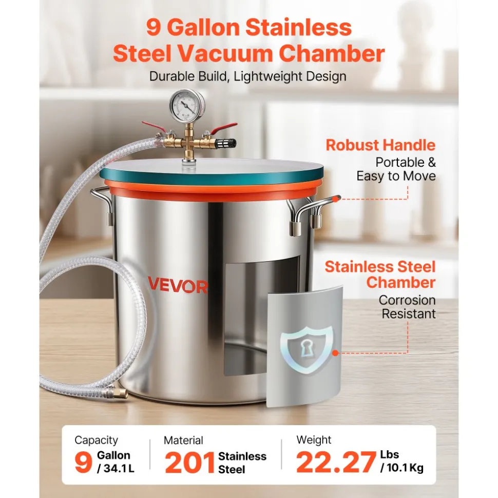 VEVOR 1.5 Gallon Vacuum Chamber, Stainless Steel, Vacuum Degassing Chamber with Tempered Glass Lid, Hose, Air Filter, for Resin Casting, Stabilizing Wood, Degassing Silicone, Epoxies, Essential Oils