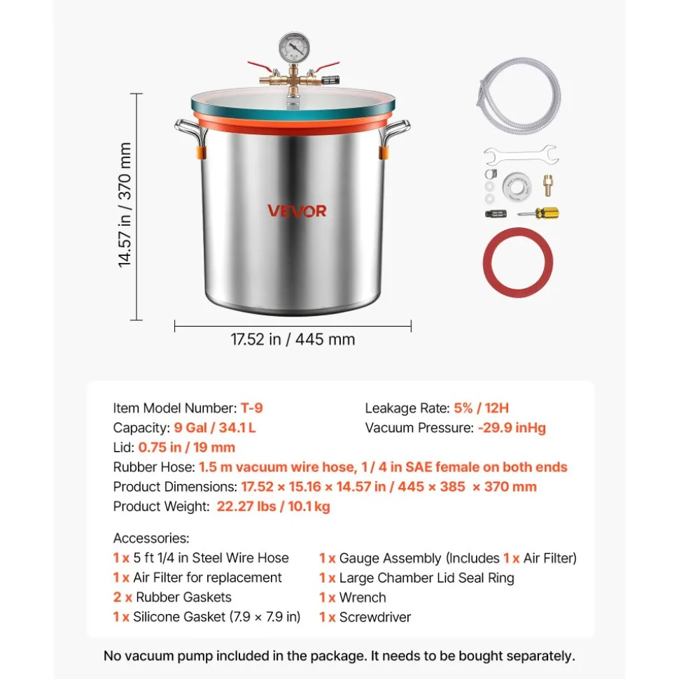 VEVOR 1.5 Gallon Vacuum Chamber, Stainless Steel, Vacuum Degassing Chamber with Tempered Glass Lid, Hose, Air Filter, for Resin Casting, Stabilizing Wood, Degassing Silicone, Epoxies, Essential Oils