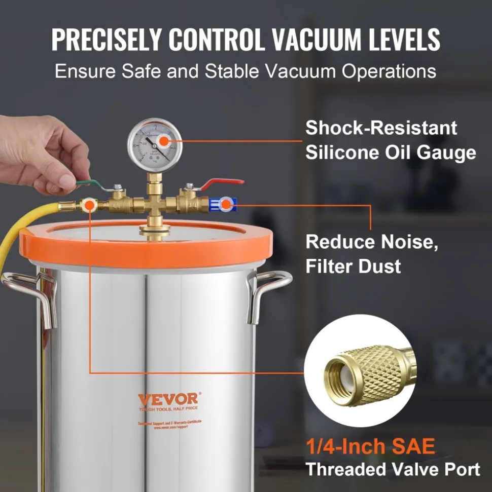 VEVOR 5 Gallon Vacuum Chamber, Upgraded Tempered Glass Lid Vacuum Degassing Chamber, 304 Stainless Steel Chamber, for Stabilizing Wood, Resin Degassing, Silicone Degassing and Plaster Degassing