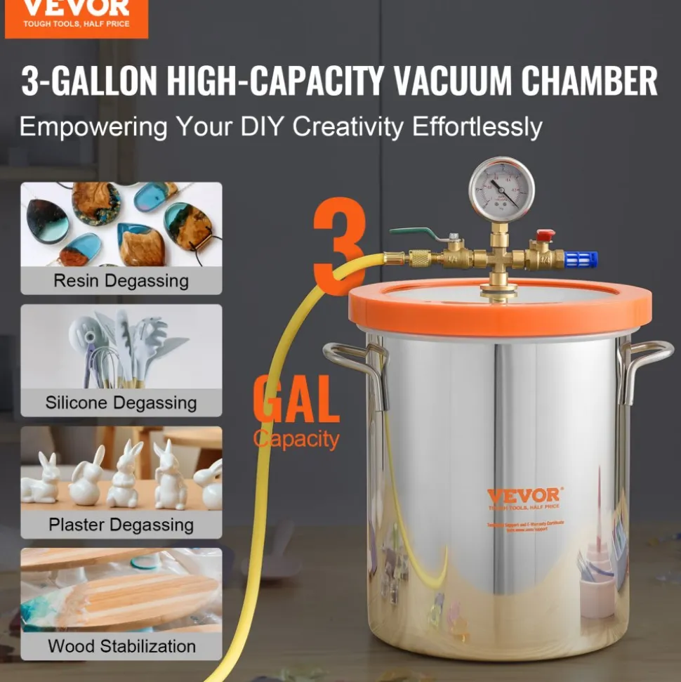 VEVOR 3 Gallon Vacuum Chamber, Upgraded Tempered Glass Lid Vacuum Degassing Chamber, 304 Stainless Steel Chamber, for Stabilizing Wood, Resin Degassing, Silicone Degassing and Plaster Degassing