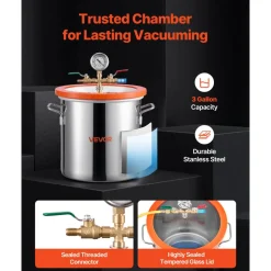VEVOR 3 Gallon Vacuum Chamber with Pump, 3.5 CFM, Single Stage Vacuum Pump, Stainless Steel Degassing Chamber Kit with Tempered Glass Lid, 5 ft Hose, for Stabilizing Wood Degassing Silicone Resin