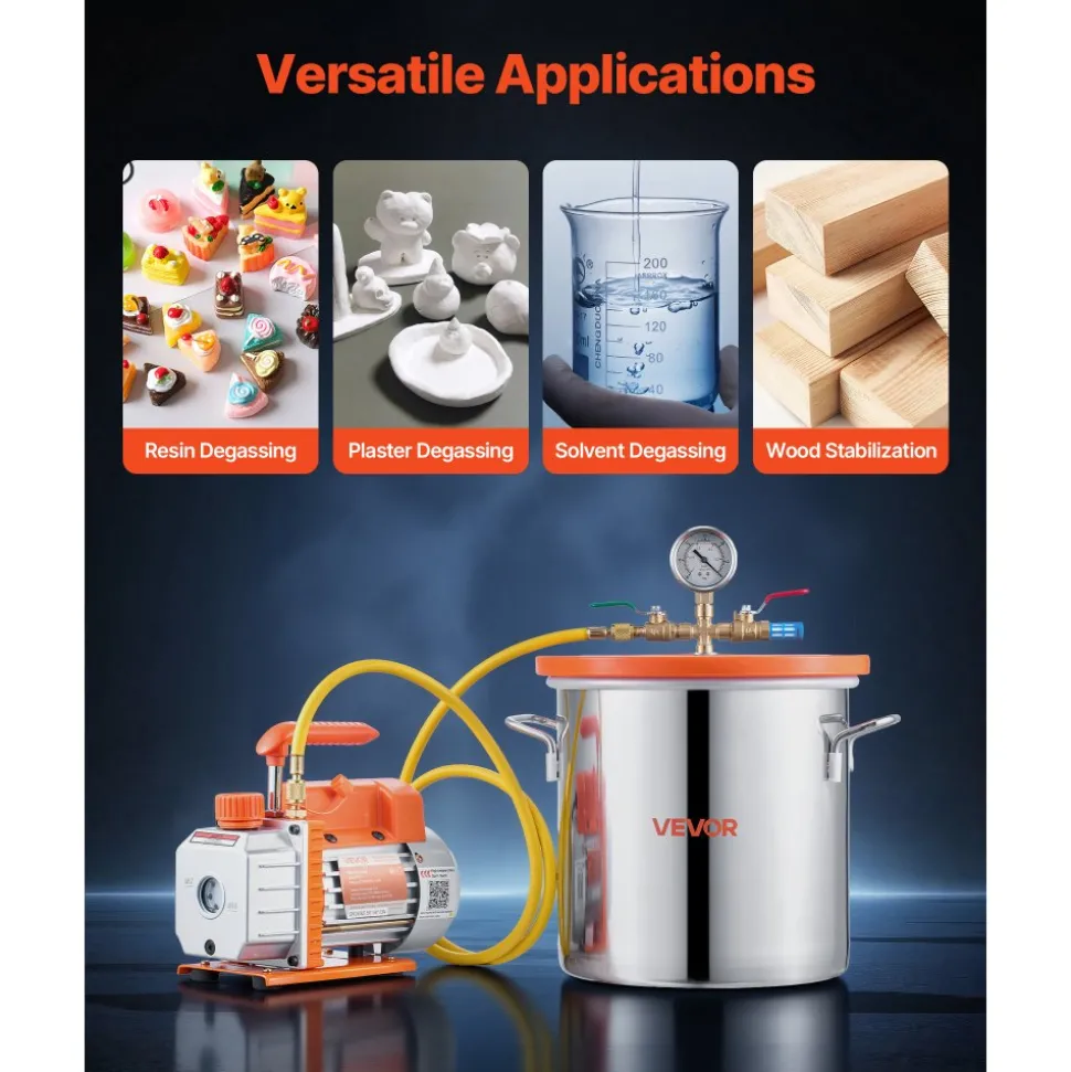 VEVOR 3 Gallon Vacuum Chamber with Pump, 3.5 CFM, Single Stage Vacuum Pump, Stainless Steel Degassing Chamber Kit with Tempered Glass Lid, 5 ft Hose, for Stabilizing Wood Degassing Silicone Resin