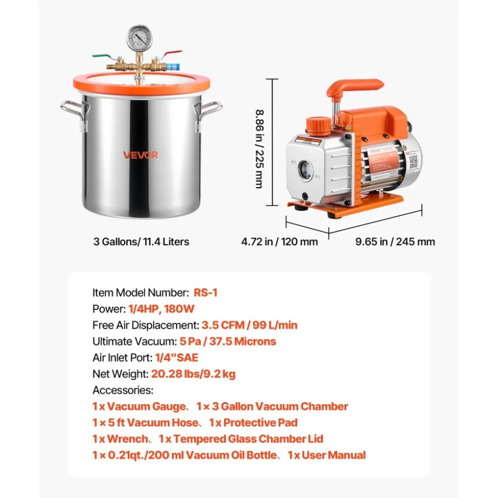 VEVOR 3 Gallon Vacuum Chamber with Pump, 3.5 CFM, Single Stage Vacuum Pump, Stainless Steel Degassing Chamber Kit with Tempered Glass Lid, 5 ft Hose, for Stabilizing Wood Degassing Silicone Resin
