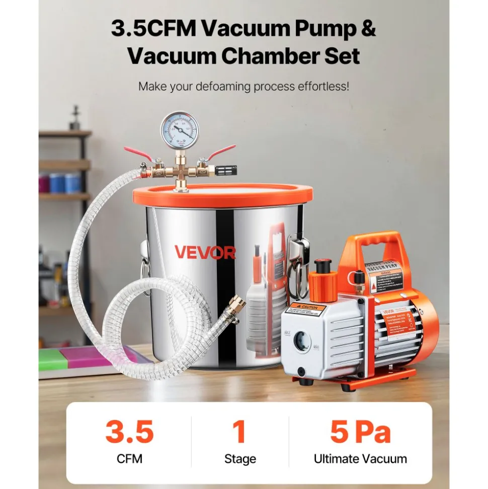 VEVOR 3 Gallon Vacuum Chamber with Pump, 3.5 CFM, Stainless Steel Degassing Chamber Kit, Single Stage Vacuum Pump, Tempered Glass Lid, 4.92 ft Hose, Oil, for Stabilizing Wood Degassing Silicone Resin