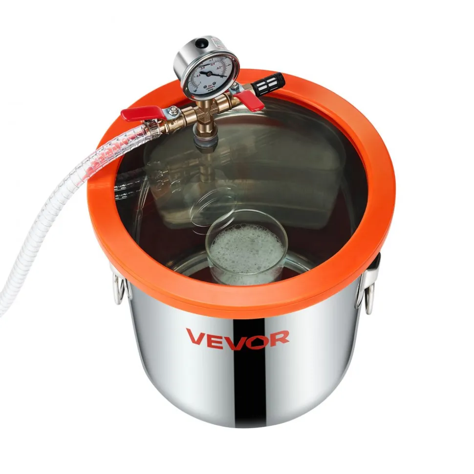 VEVOR 3 Gallon Vacuum Chamber with Pump, 3.5 CFM, Stainless Steel Degassing Chamber Kit, Single Stage Vacuum Pump, Tempered Glass Lid, 4.92 ft Hose, Oil, for Stabilizing Wood Degassing Silicone Resin
