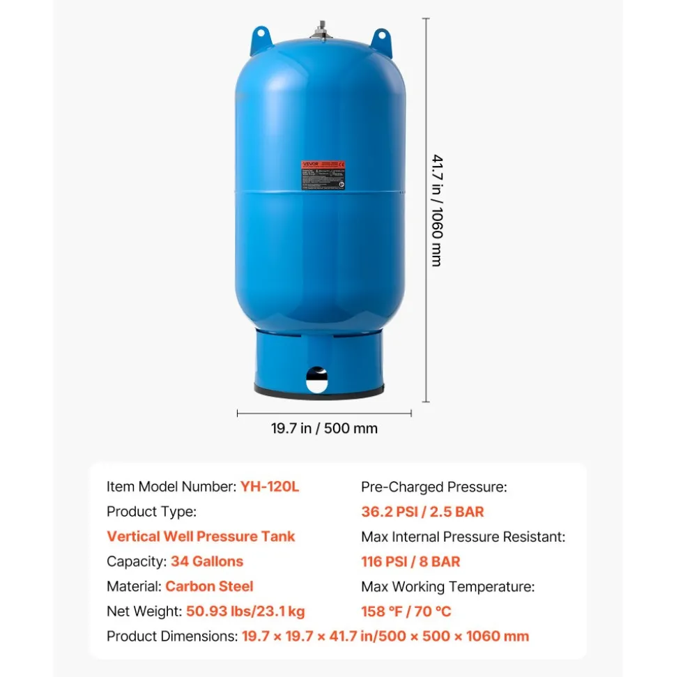 VEVOR 34-Gallon Vertical Well Pressure Tank, Pre-Charged Pressurized Water Tank for Well Pumps, Heavy-Duty Carbon Steel Water Storage Container for Home, School, Farm & Irrigation Systems