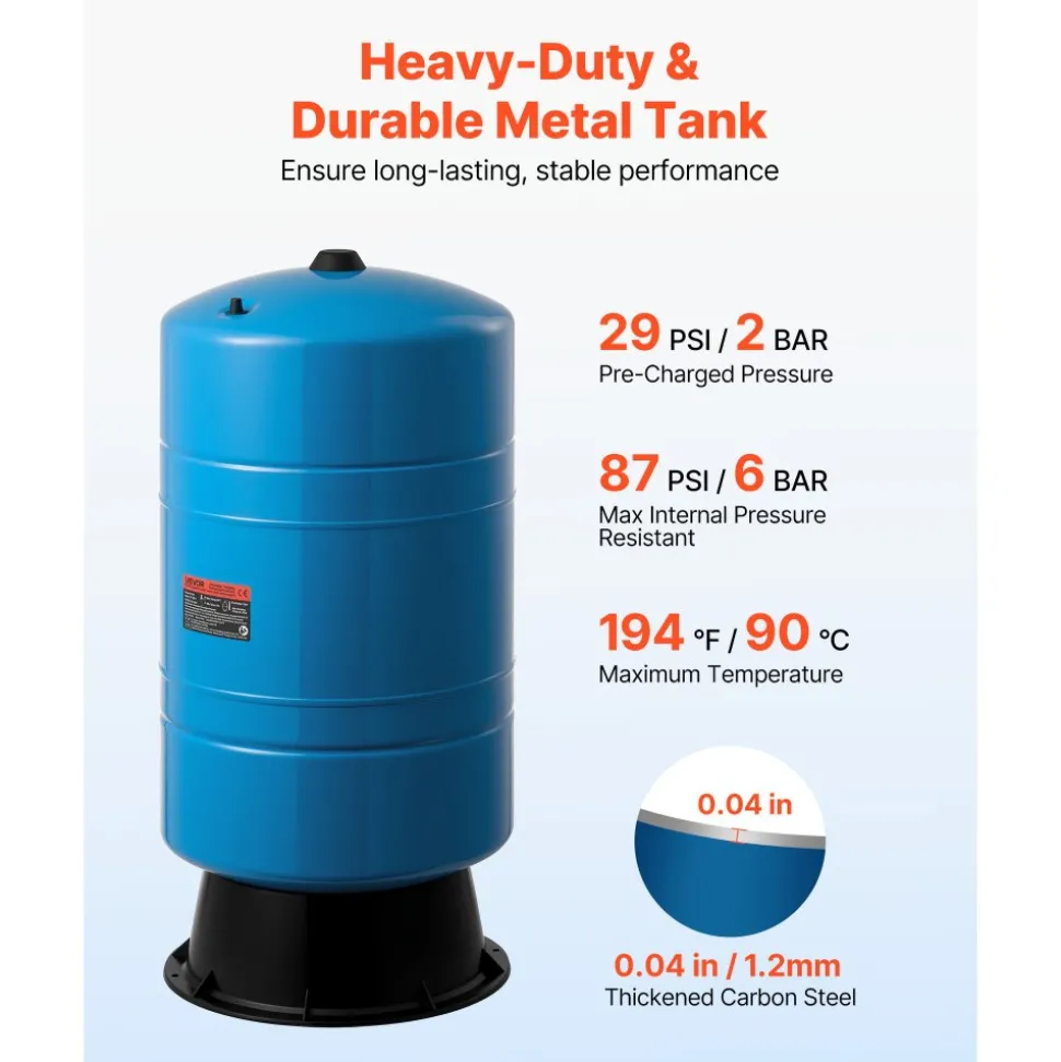VEVOR 20-Gallon Vertical Well Pressure Tank, Pre-Charged Pressurized Water Tank for Well Pumps, Heavy-Duty Carbon Steel Water Storage Container for Home, School, Farm & Irrigation Systems