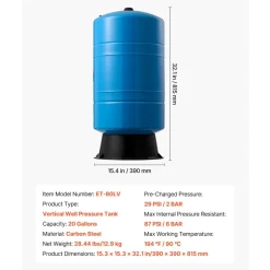VEVOR 20-Gallon Vertical Well Pressure Tank, Pre-Charged Pressurized Water Tank for Well Pumps, Heavy-Duty Carbon Steel Water Storage Container for Home, School, Farm & Irrigation Systems