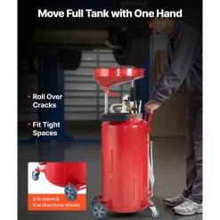 VEVOR 21 Gallon Waste Oil Drain Tank, Air Operated Portable Oil Drainer with Adjustable Funnel Height, Industrial Fluid Drain Tank with Wheels, Fluid Fuel Transfer Drainage for Auto Repair Shops, Red