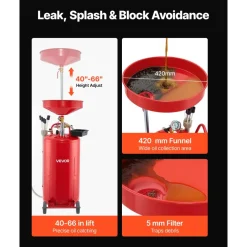 VEVOR 21 Gallon Waste Oil Drain Tank, Air Operated Portable Oil Drainer with Adjustable Funnel Height, Industrial Fluid Drain Tank with Wheels, Fluid Fuel Transfer Drainage for Auto Repair Shops, Red