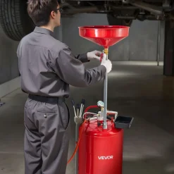 VEVOR 21 Gallon Waste Oil Drain Tank, Air Operated Portable Oil Drainer with Adjustable Funnel Height, Industrial Fluid Drain Tank with Wheels, Fluid Fuel Transfer Drainage for Auto Repair Shops, Red