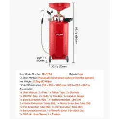 VEVOR 21 Gallon Waste Oil Drain Tank, Air Operated Portable Oil Drainer with Adjustable Funnel Height, Industrial Fluid Drain Tank with Wheels, Fluid Fuel Transfer Drainage for Auto Repair Shops, Red