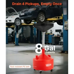 VEVOR 8 Gallon Waste Oil Drain Tank, Industrial Fluid Drain Tank with Adjustable Funnel Height, Portable Oil Drainer with Wheels, Fluid Fuel Transfer Drainage for Auto Repair Shops, Garages, Red