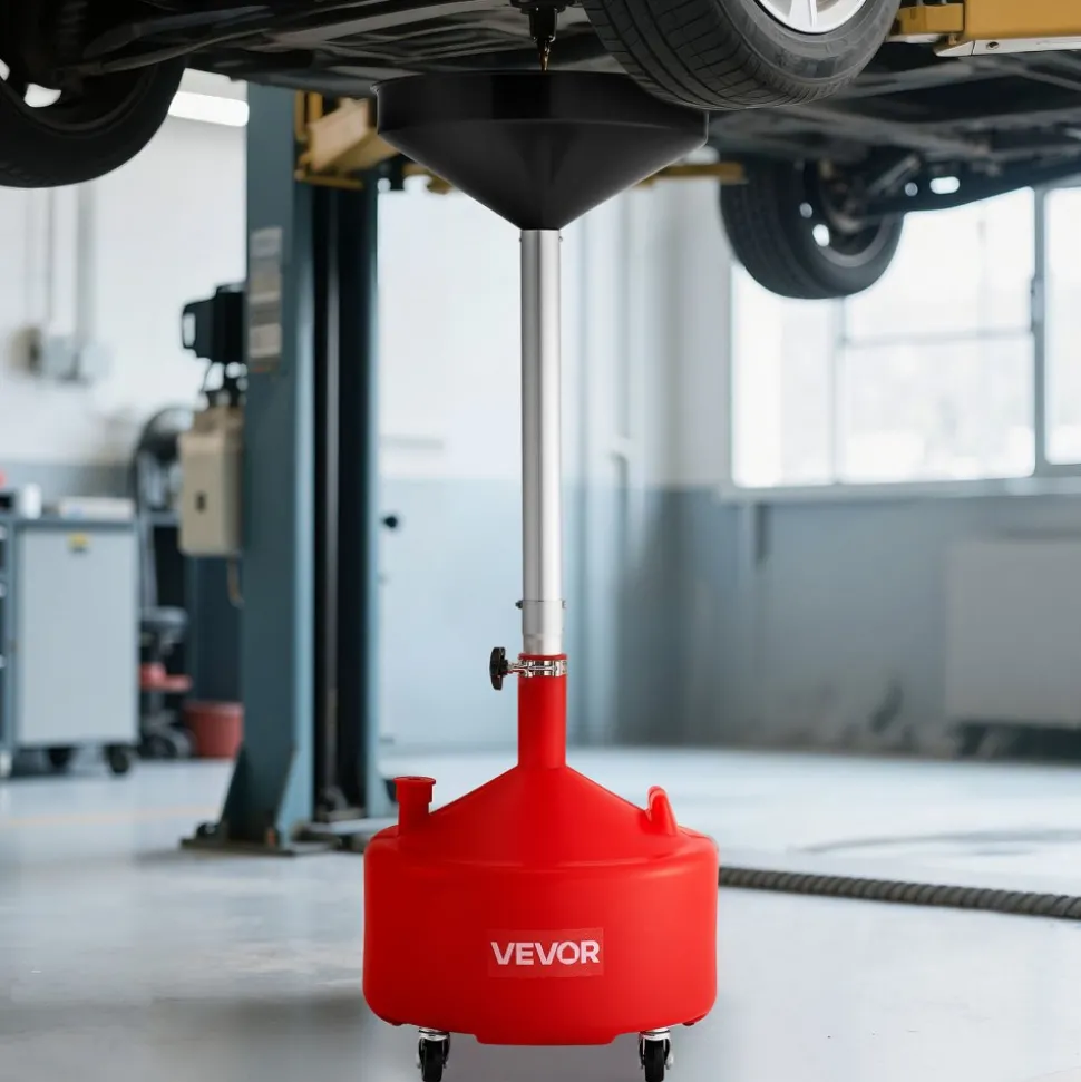 VEVOR 8 Gallon Waste Oil Drain Tank, Industrial Fluid Drain Tank with Adjustable Funnel Height, Portable Oil Drainer with Wheels, Fluid Fuel Transfer Drainage for Auto Repair Shops, Garages, Red