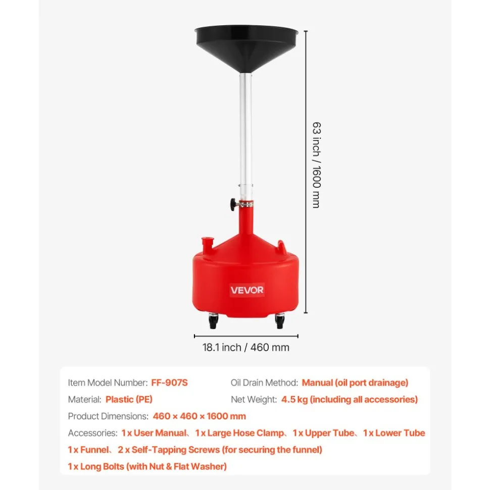 VEVOR 8 Gallon Waste Oil Drain Tank, Industrial Fluid Drain Tank with Adjustable Funnel Height, Portable Oil Drainer with Wheels, Fluid Fuel Transfer Drainage for Auto Repair Shops, Garages, Red