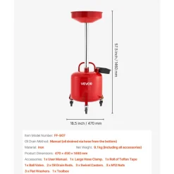 VEVOR 8 Gallon Waste Oil Drain Tank, Industrial Fluid Drain Tank with Adjustable Funnel Height, Portable Oil Drainer with Wheels & Toolbox, Fluid Fuel Transfer Drainage for Auto Repair Shops, Red