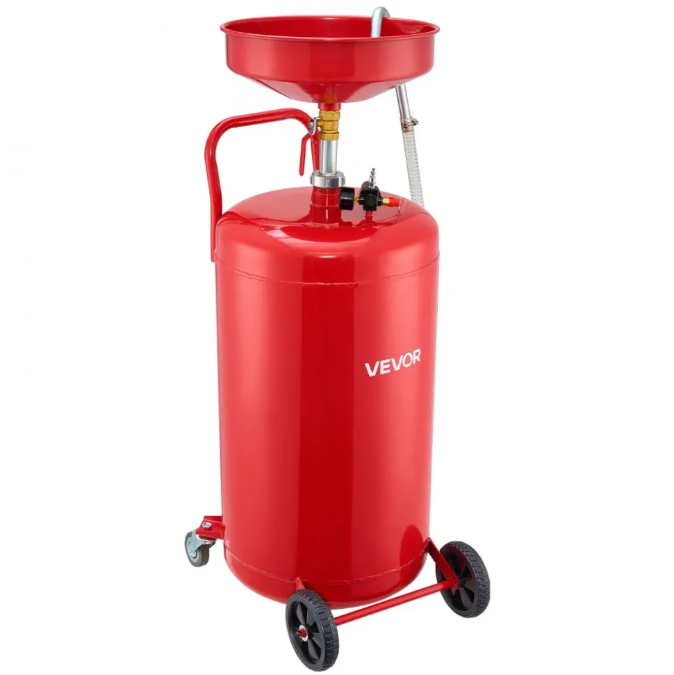 VEVOR 25 Gallon Waste Oil Drain Tank, Air Operated Portable Oil Drainer with Adjustable Funnel Height, Industrial Fluid Drain Tank with Wheels, Fluid Fuel Transfer Drainage for Auto Repair Shops, Red