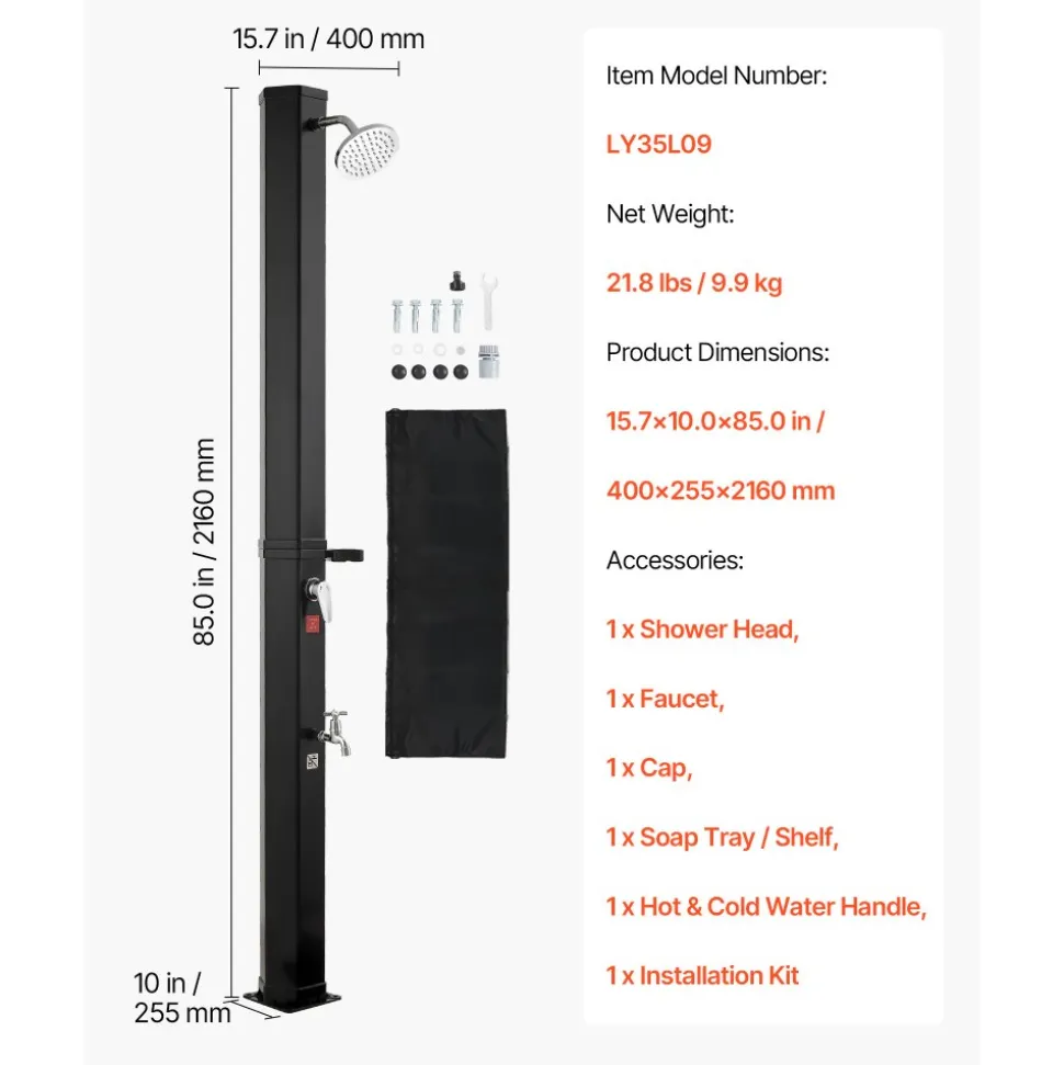VEVOR 9.2 Gal Solar Heated Shower, 6.4ft Showerhead Height Outdoor Shower, with Foot Faucet & Soap Box Rack, Hot & Cold Water Adjustment, Freestanding for Backyard Poolside Beach Pool,Black