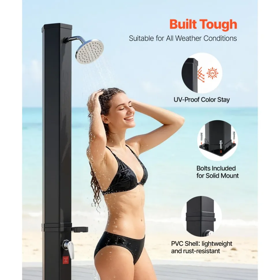 VEVOR 9.2 Gal Solar Heated Shower, 6.4ft Showerhead Height Outdoor Shower, with Foot Faucet & Soap Box Rack, Hot & Cold Water Adjustment, Freestanding for Backyard Poolside Beach Pool,Black
