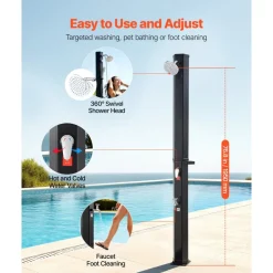 VEVOR 9.2 Gal Solar Heated Shower, 6.4ft Showerhead Height Outdoor Shower, with Foot Faucet & Soap Box Rack, Hot & Cold Water Adjustment, Freestanding for Backyard Poolside Beach Pool,Black