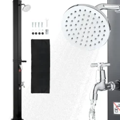 VEVOR 9.2 Gal Solar Heated Shower, 6.4ft Showerhead Height Outdoor Shower, with Foot Faucet & Soap Box Rack, Hot & Cold Water Adjustment, Freestanding for Backyard Poolside Beach Pool,Black