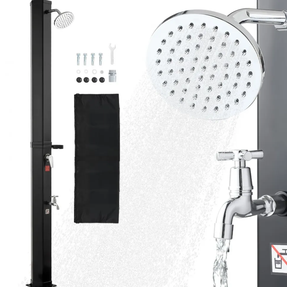 VEVOR 9.2 Gal Solar Heated Shower, 6.4ft Showerhead Height Outdoor Shower, with Foot Faucet & Soap Box Rack, Hot & Cold Water Adjustment, Freestanding for Backyard Poolside Beach Pool,Black