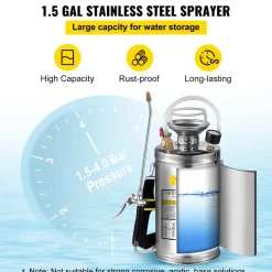 VEVOR 1.5Gal Stainless Steel Sprayer, Set with 16" Wand& Handle& 3.3FT Reinforced Hose, Hand Pump Sprayer with Pressure Gauge&Safety Valve, Adjustable Nozzle Suitable for Gardening& Sanitizing