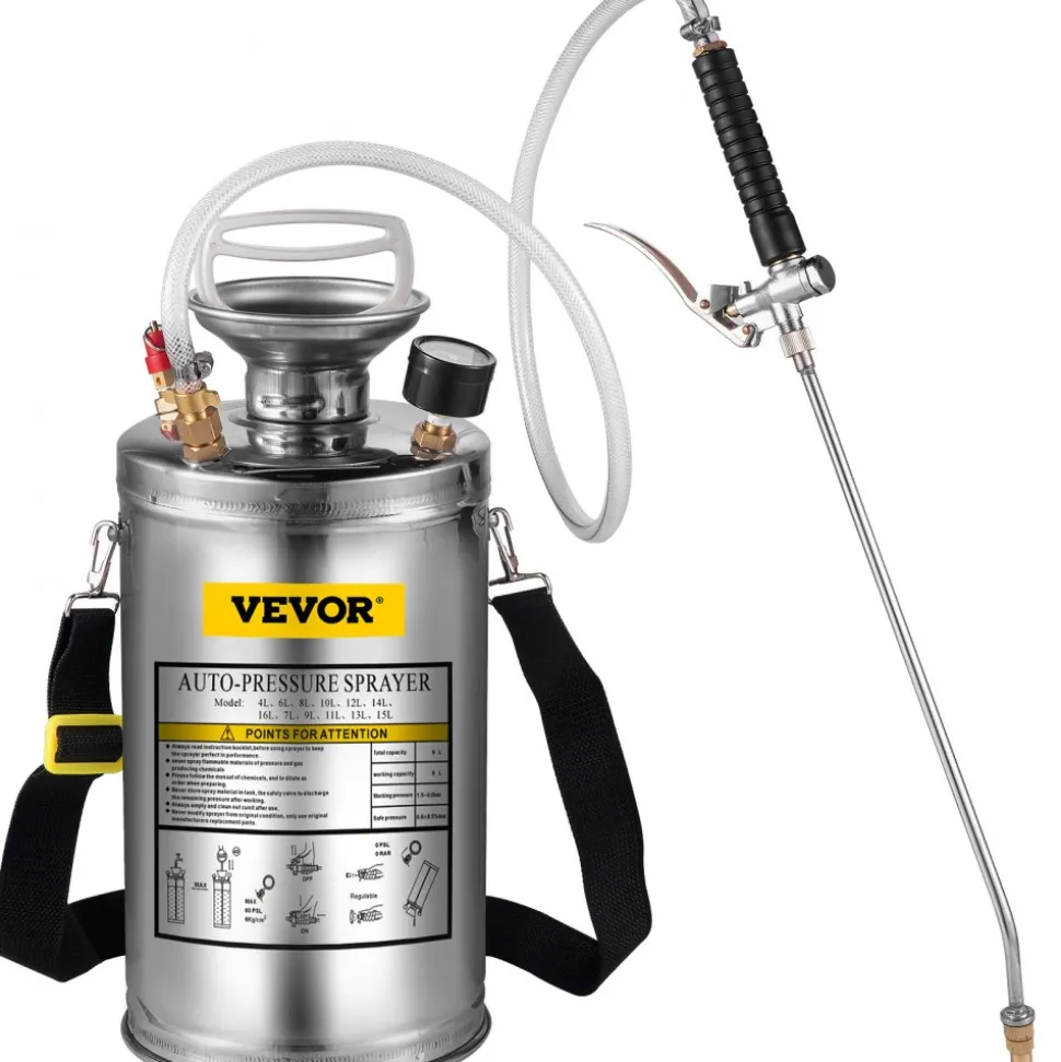 VEVOR 1.5Gal Stainless Steel Sprayer, Set with 16" Wand& Handle& 3.3FT Reinforced Hose, Hand Pump Sprayer with Pressure Gauge&Safety Valve, Adjustable Nozzle Suitable for Gardening& Sanitizing