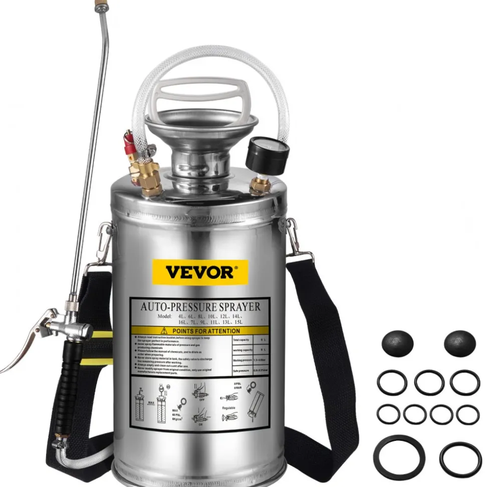 VEVOR 1.5Gal Stainless Steel Sprayer, Set with 16" Wand& Handle& 3.3FT Reinforced Hose, Hand Pump Sprayer with Pressure Gauge&Safety Valve, Adjustable Nozzle Suitable for Gardening& Sanitizing