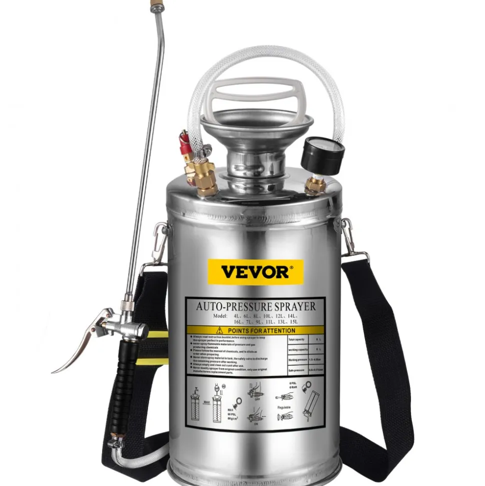 VEVOR 1.5Gal Stainless Steel Sprayer, Set with 16" Wand& Handle& 3.3FT Reinforced Hose, Hand Pump Sprayer with Pressure Gauge&Safety Valve, Adjustable Nozzle Suitable for Gardening& Sanitizing