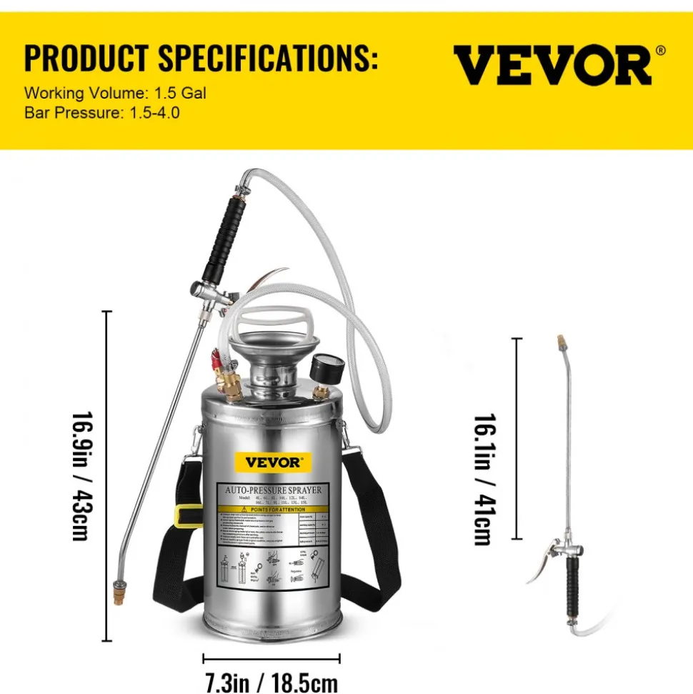 VEVOR 1.5Gal Stainless Steel Sprayer, Set with 16" Wand& Handle& 3.3FT Reinforced Hose, Hand Pump Sprayer with Pressure Gauge&Safety Valve, Adjustable Nozzle Suitable for Gardening& Sanitizing