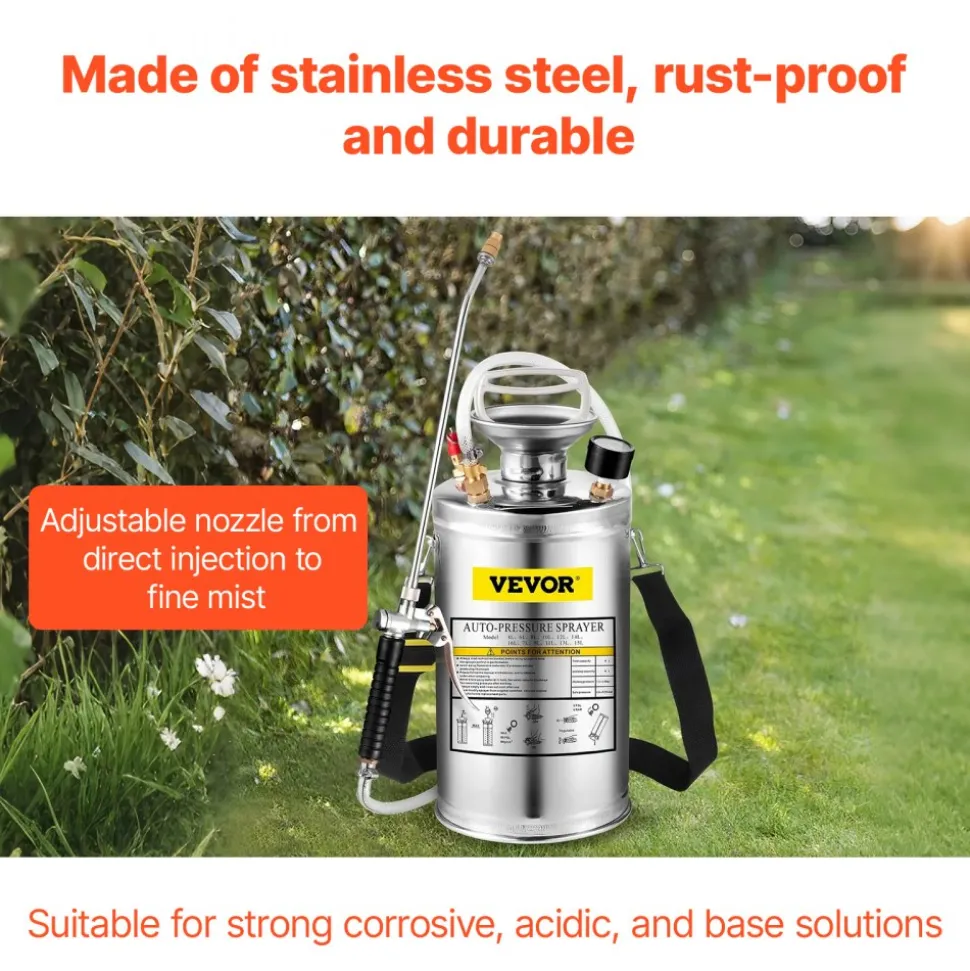 VEVOR 1.5Gal Stainless Steel Sprayer, Set with 16" Wand& Handle& 3.3FT Reinforced Hose, Hand Pump Sprayer with Pressure Gauge&Safety Valve, Adjustable Nozzle Suitable for Gardening& Sanitizing