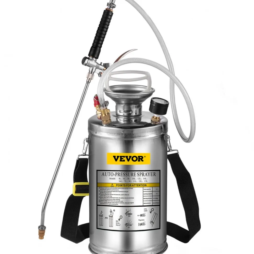 VEVOR 1.5Gal Stainless Steel Sprayer, Set with 16" Wand& Handle& 3.3FT Reinforced Hose, Hand Pump Sprayer with Pressure Gauge&Safety Valve, Adjustable Nozzle Suitable for Gardening& Sanitizing