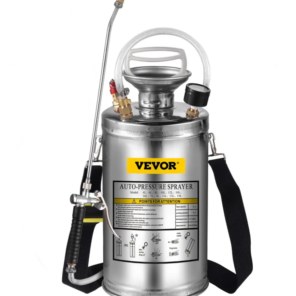 VEVOR 1.5Gal Stainless Steel Sprayer, Set with 16" Wand& Handle& 3.3FT Reinforced Hose, Hand Pump Sprayer with Pressure Gauge&Safety Valve, Adjustable Nozzle Suitable for Gardening& Sanitizing