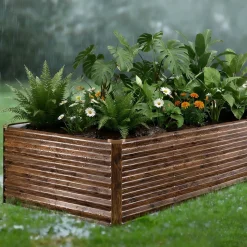VEVOR Galvanized Raised Garden Bed, 8 x 4 x 2 ft, Rectangular Metal Planter Box Kit Outdoor, Bottomless Elevated Planting Box with Gloves, Alu-Zinc, for Growing Flowers Vegetables, Deep Wood Grain