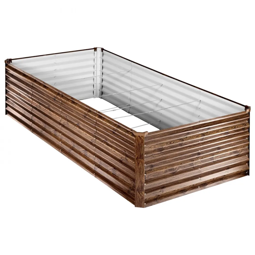 VEVOR Galvanized Raised Garden Bed, 8 x 4 x 2 ft, Rectangular Metal Planter Box Kit Outdoor, Bottomless Elevated Planting Box with Gloves, Alu-Zinc, for Growing Flowers Vegetables, Deep Wood Grain