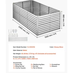 VEVOR Galvanized Raised Garden Bed, 8 x 4 x 3 ft, Rectangular Metal Planter Box Kit Outdoor, Bottomless Elevated Planting Box with Gloves, Rustproof Alu-Zinc, for Growing Flowers Vegetables, Silver