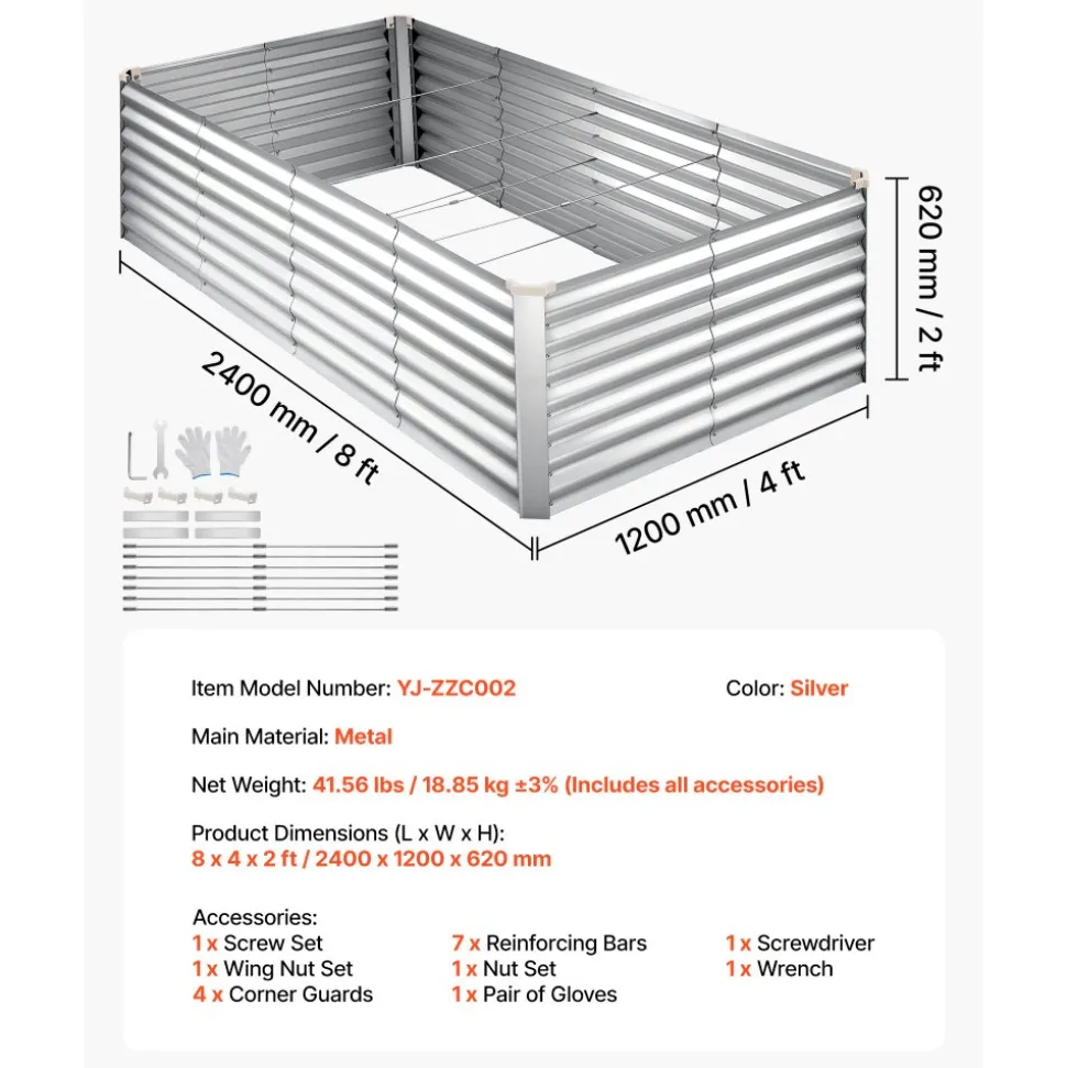 VEVOR Galvanized Raised Garden Bed, 8 x 4 x 2 ft, Rectangular Metal Planter Box Kit Outdoor, Bottomless Elevated Planting Box with Gloves, Rustproof Alu-Zinc, for Growing Flowers Vegetables, Silver