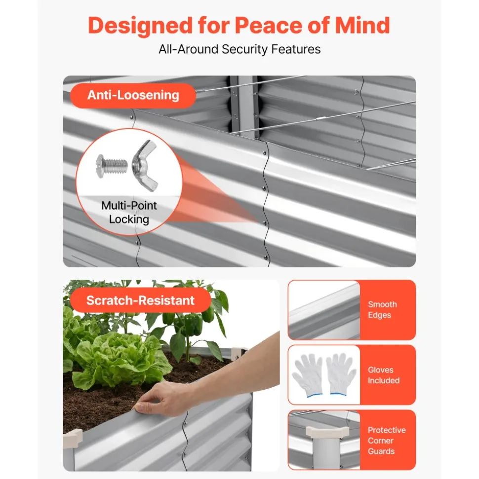 VEVOR Galvanized Raised Garden Bed, 8 x 4 x 2 ft, Rectangular Metal Planter Box Kit Outdoor, Bottomless Elevated Planting Box with Gloves, Rustproof Alu-Zinc, for Growing Flowers Vegetables, Silver