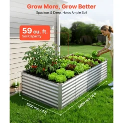 VEVOR Galvanized Raised Garden Bed, 8 x 4 x 2 ft, Rectangular Metal Planter Box Kit Outdoor, Bottomless Elevated Planting Box with Gloves, Rustproof Alu-Zinc, for Growing Flowers Vegetables, Silver