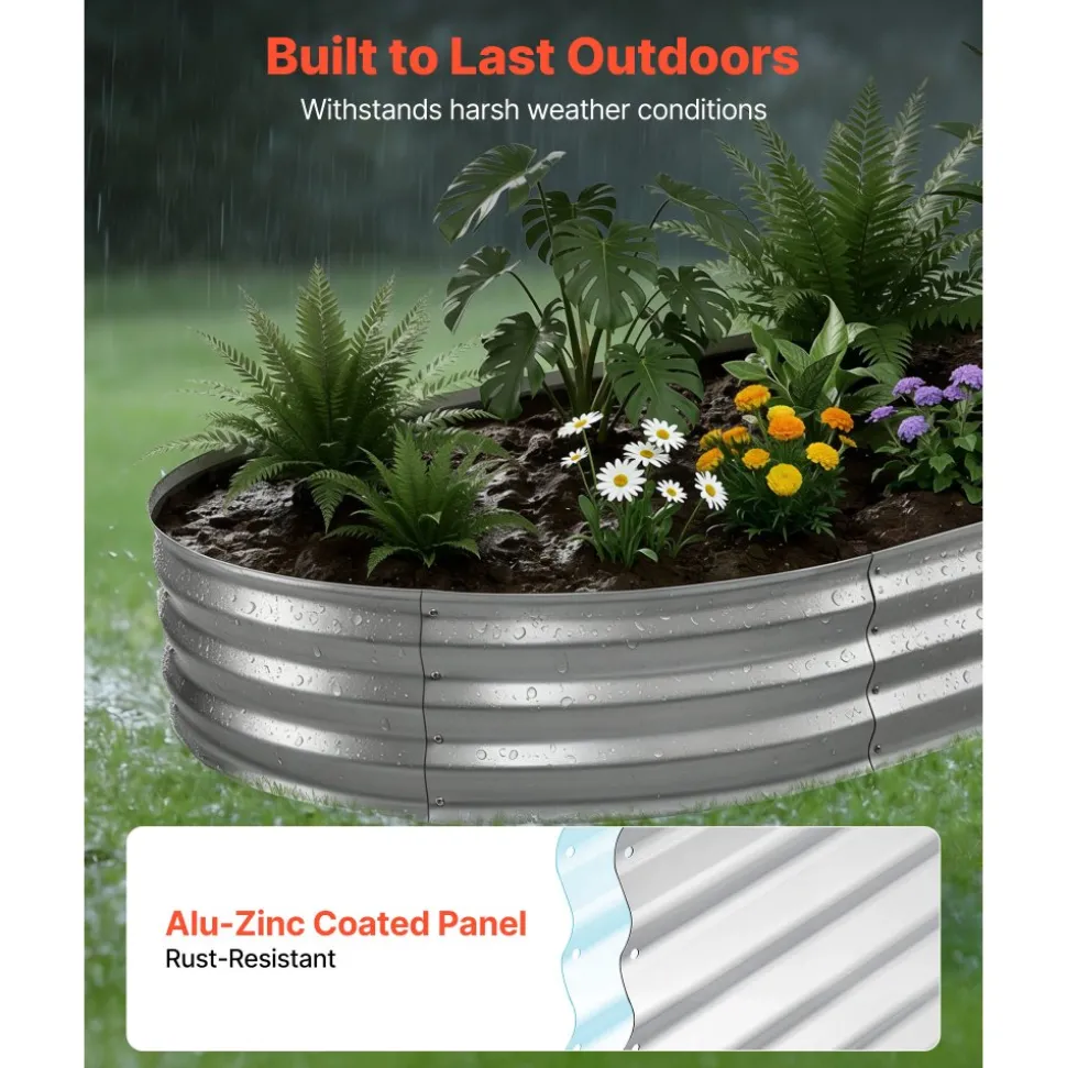 VEVOR Galvanized Raised Garden Bed, 8 x 4 x 1 ft, Oval Metal Planter Box Kit Outdoor, Bottomless Elevated Garden Box with Gloves, Rustproof Alu-Zinc, for Planting Flowers Fruits Vegetables, Silver