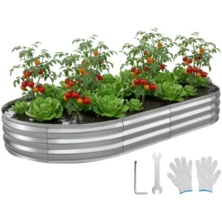 VEVOR Galvanized Raised Garden Bed, 8 x 4 x 1 ft, Oval Metal Planter Box Kit Outdoor, Bottomless Elevated Garden Box with Gloves, Rustproof Alu-Zinc, for Planting Flowers Fruits Vegetables, Silver