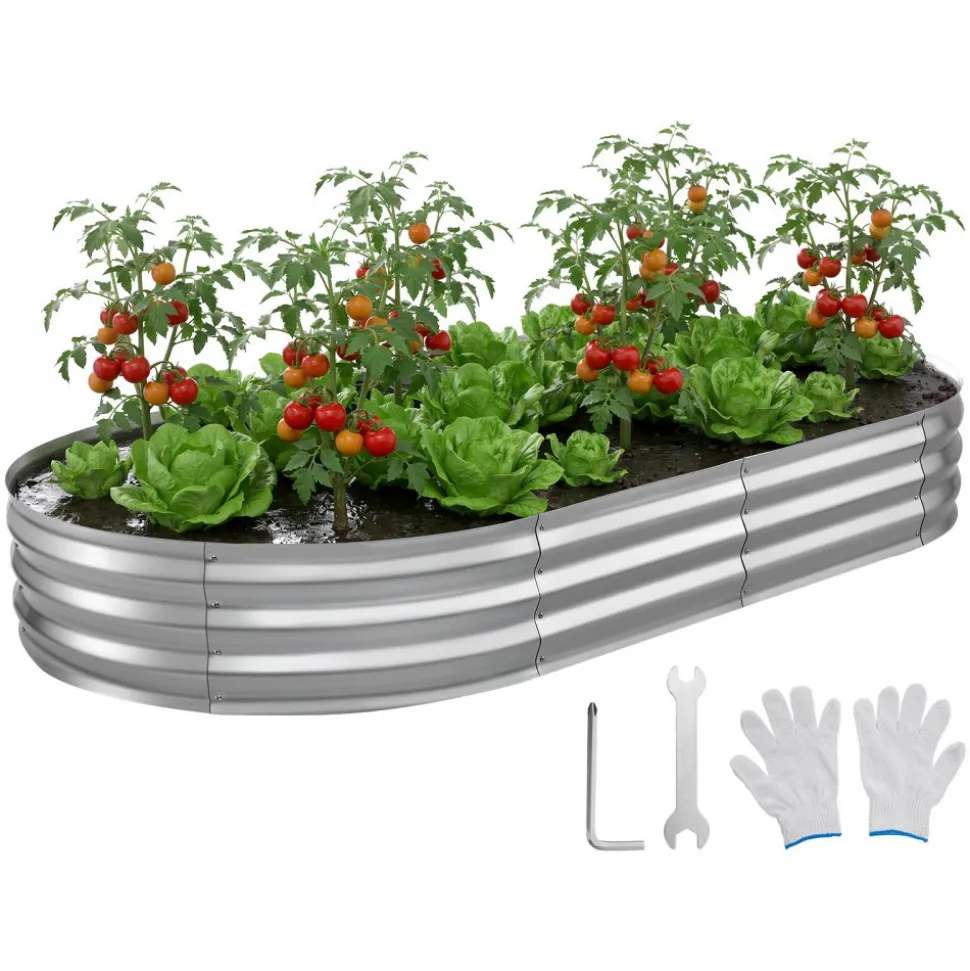 VEVOR Galvanized Raised Garden Bed, 8 x 4 x 1 ft, Oval Metal Planter Box Kit Outdoor, Bottomless Elevated Garden Box with Gloves, Rustproof Alu-Zinc, for Planting Flowers Fruits Vegetables, Silver