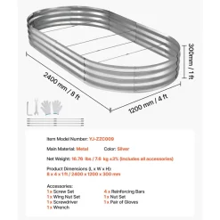 VEVOR Galvanized Raised Garden Bed, 8 x 4 x 1 ft, Oval Metal Planter Box Kit Outdoor, Bottomless Elevated Garden Box with Gloves, Rustproof Alu-Zinc, for Planting Flowers Fruits Vegetables, Silver