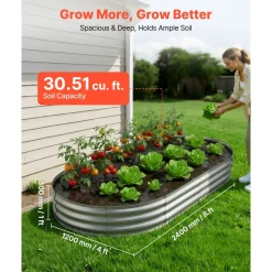 VEVOR Galvanized Raised Garden Bed, 8 x 4 x 1 ft, Oval Metal Planter Box Kit Outdoor, Bottomless Elevated Garden Box with Gloves, Rustproof Alu-Zinc, for Planting Flowers Fruits Vegetables, Silver