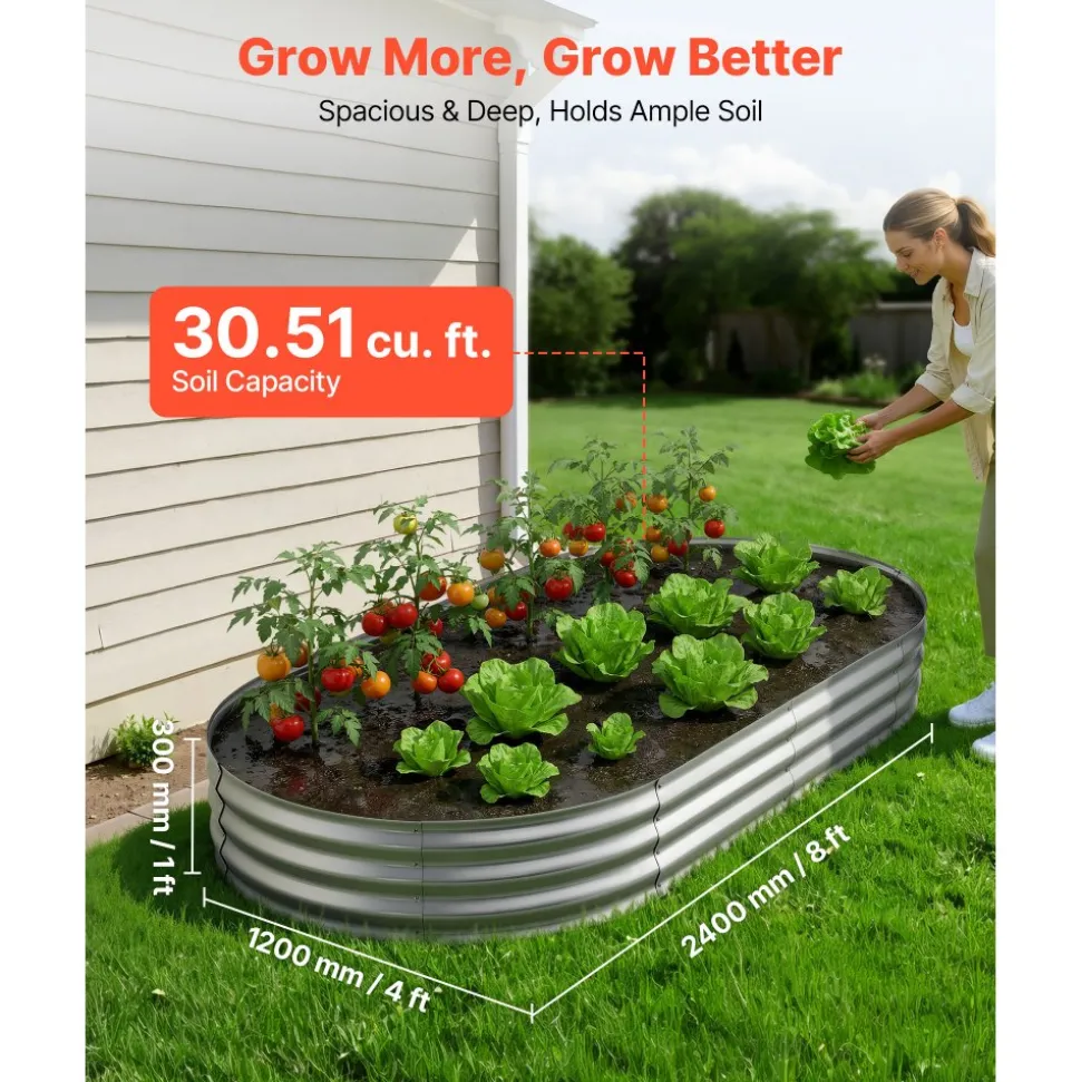 VEVOR Galvanized Raised Garden Bed, 8 x 4 x 1 ft, Oval Metal Planter Box Kit Outdoor, Bottomless Elevated Garden Box with Gloves, Rustproof Alu-Zinc, for Planting Flowers Fruits Vegetables, Silver