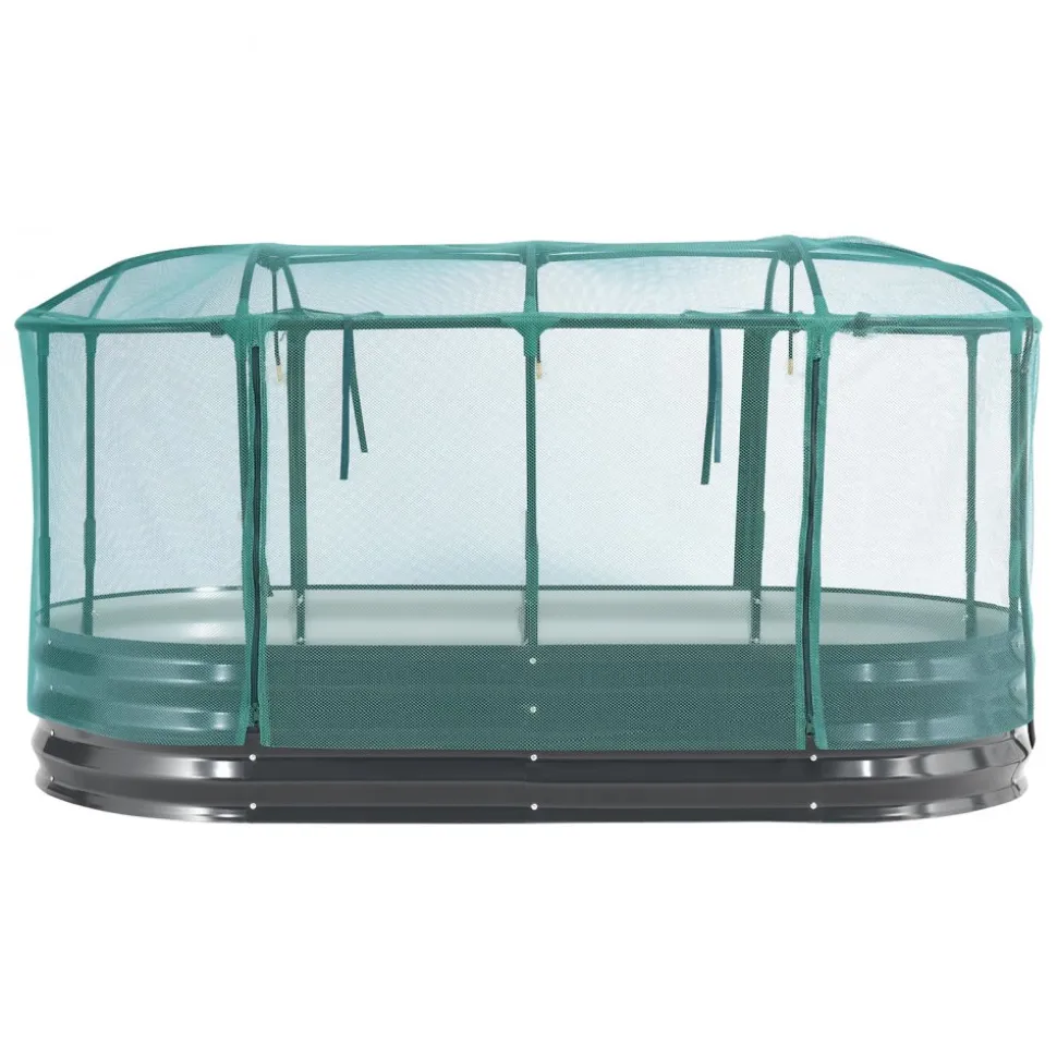 VEVOR Galvanized Raised Garden Bed, 6 x 3 x 1 ft, with Self Watering System and Mesh Cover, Oval Metal Planter Box Kit Outdoor, Rustproof Alu-Zinc, for Planting Flowers Fruits Vegetables, Dark Gray