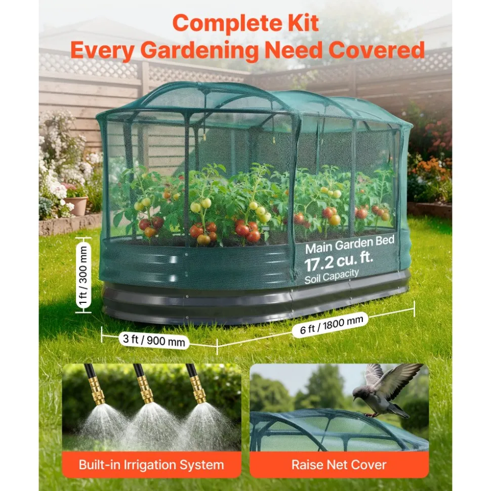 VEVOR Galvanized Raised Garden Bed, 6 x 3 x 1 ft, with Self Watering System and Mesh Cover, Oval Metal Planter Box Kit Outdoor, Rustproof Alu-Zinc, for Planting Flowers Fruits Vegetables, Dark Gray