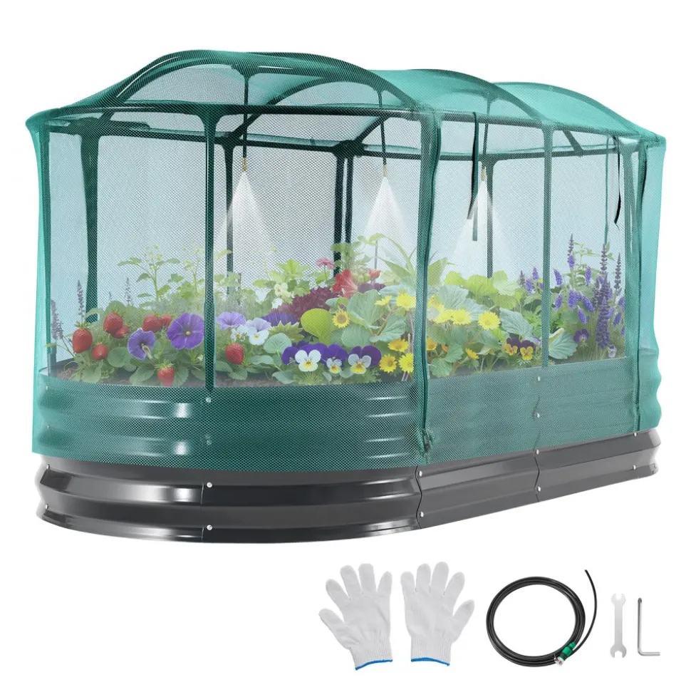 VEVOR Galvanized Raised Garden Bed, 6 x 3 x 1 ft, with Self Watering System and Mesh Cover, Oval Metal Planter Box Kit Outdoor, Rustproof Alu-Zinc, for Planting Flowers Fruits Vegetables, Dark Gray